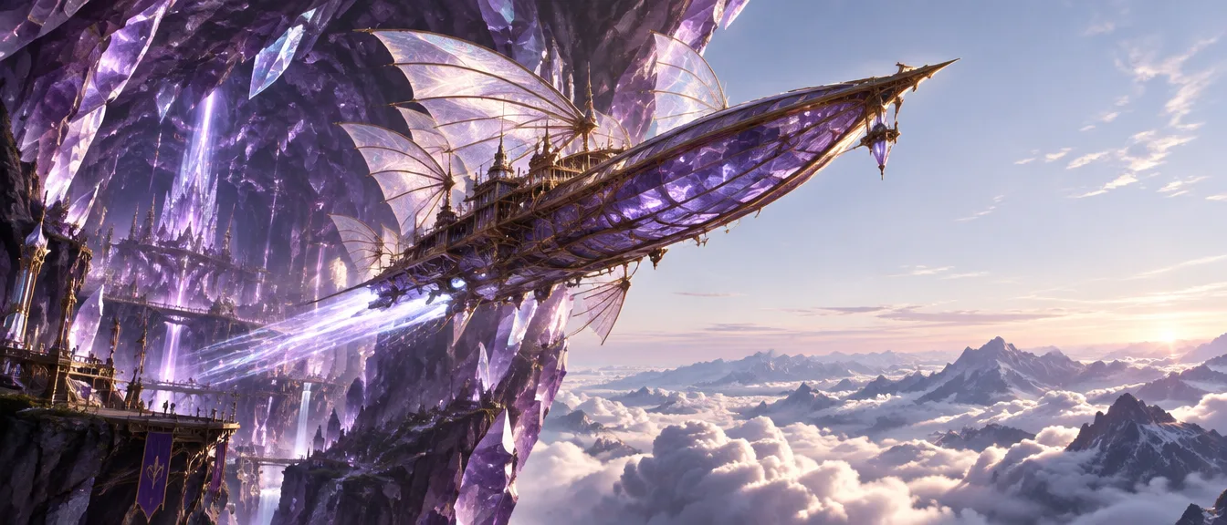 Kapal sinar Halcyon Arc berlayar cahaya keluar dari mulut geode ametis, di depannya lautan awan dan pegunungan dunia luar saat fajar